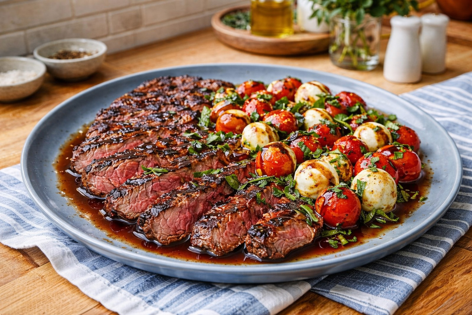 Rustic Grilled Flank Steak with Caprese and Balsamic