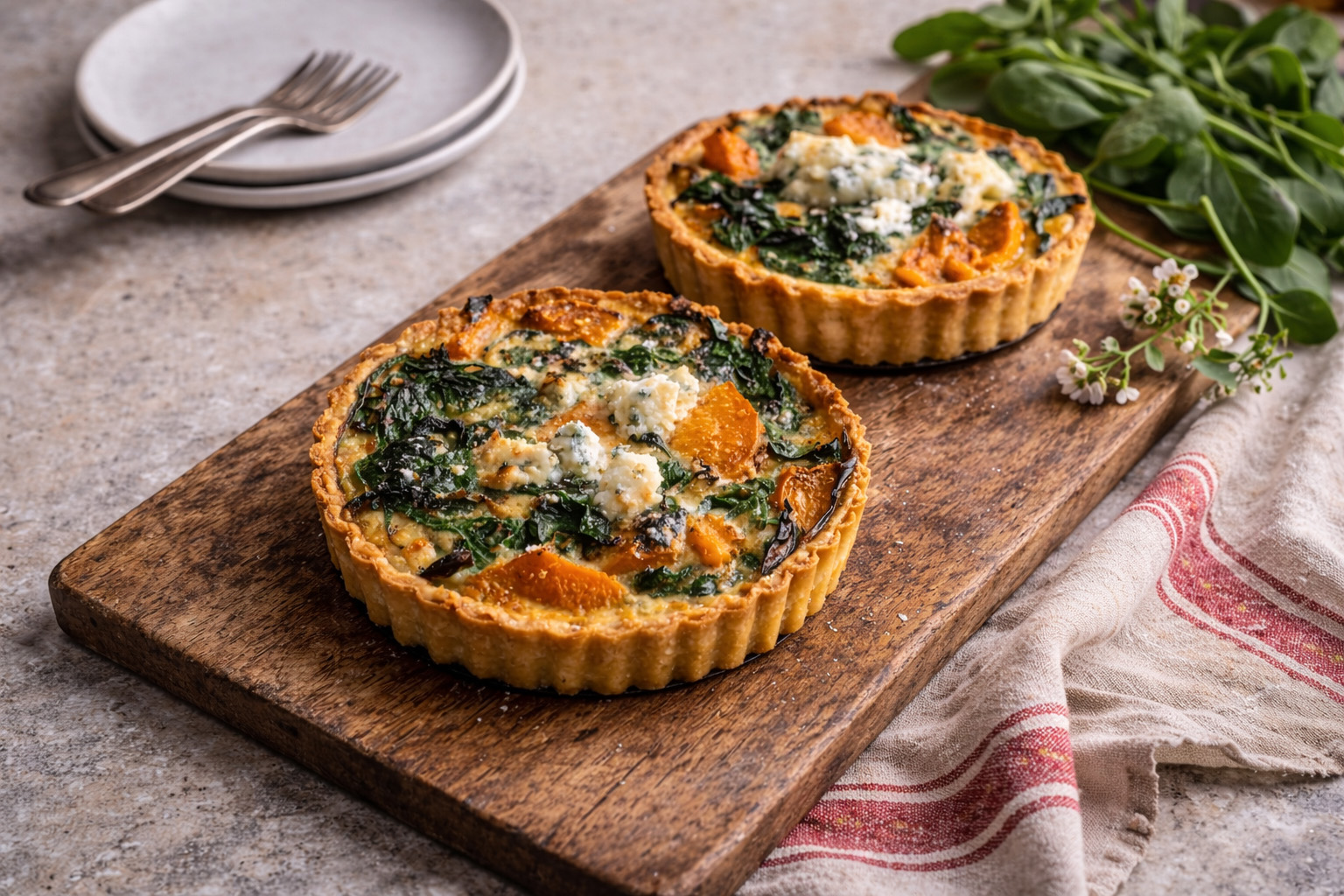 Golden Pumpkin, Wilted Spinach & Gorgonzola Tarts