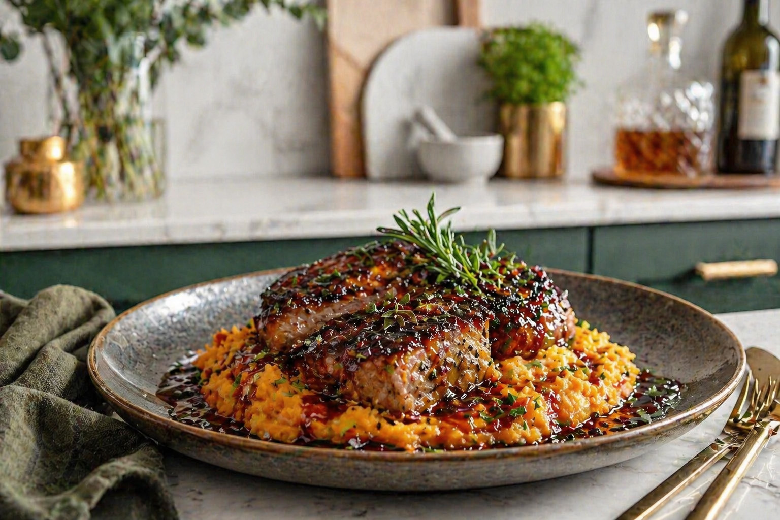 Orchard Cider Pork with Velvet Sweet Potato Purée
